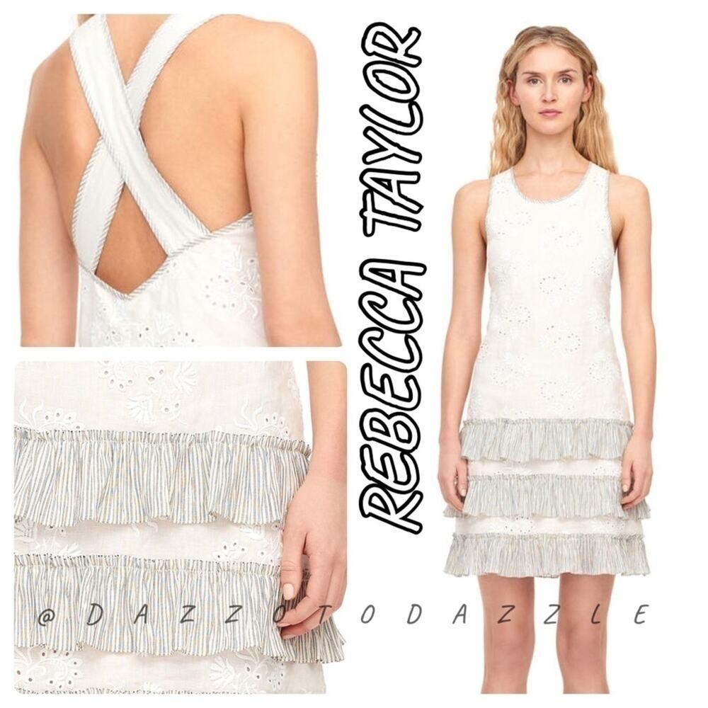 REBECCA TAYLOR Magic Garden Eyelet Tiered Linen Tank Dress | Medium 6‌‍‍‍‍‍‍‍‍‍‍
